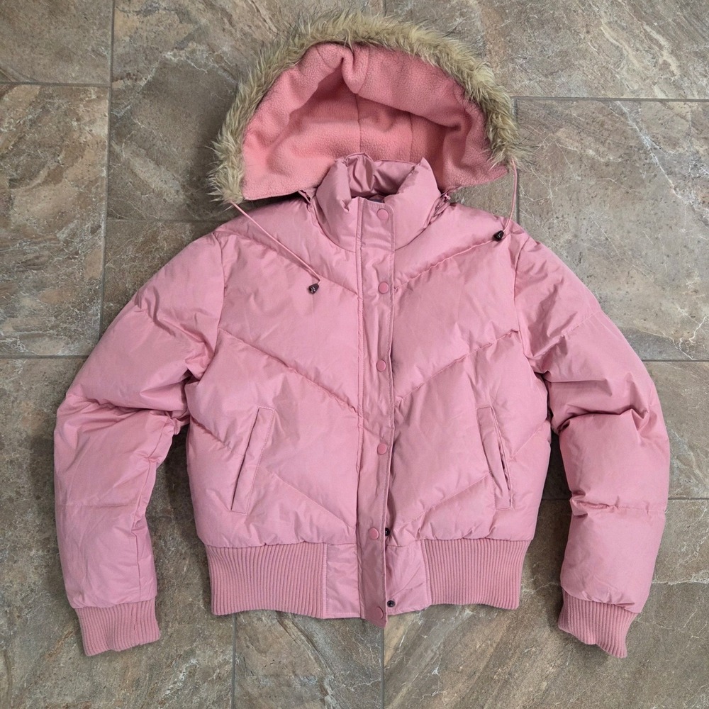 Avalon Femme Pink Puffer Jacket Faux Fur Trim Hood Down Blend Medium